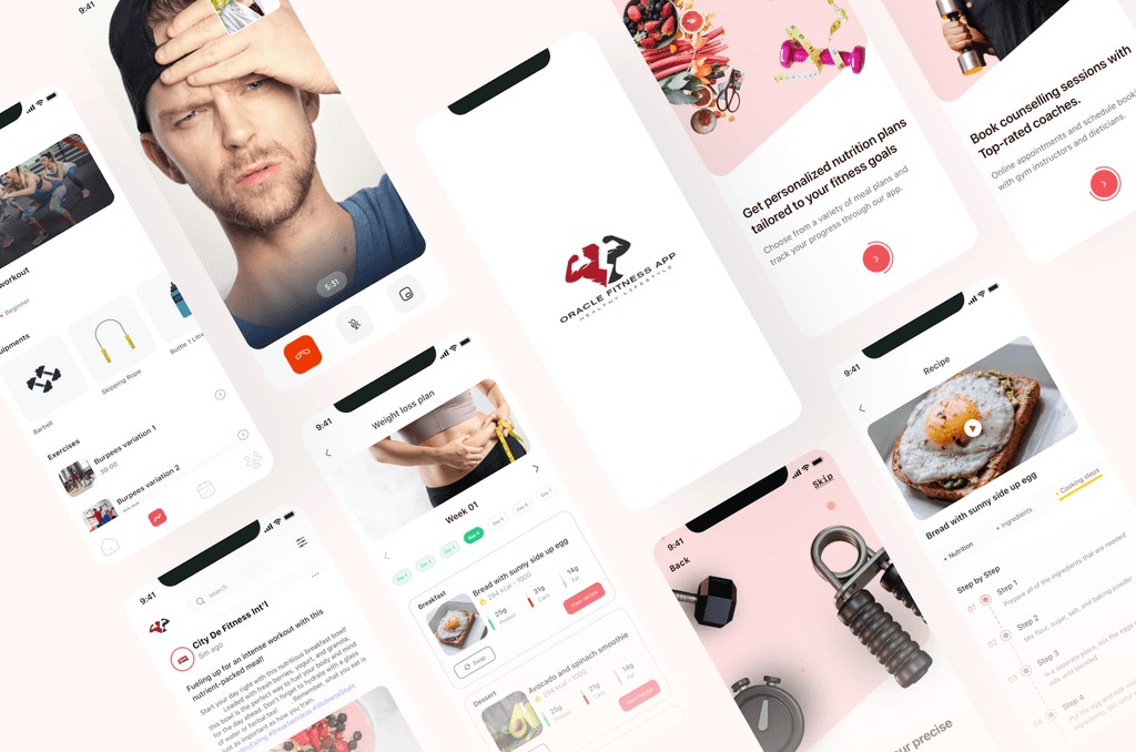 Oracle Fitness workout and nutrition screens